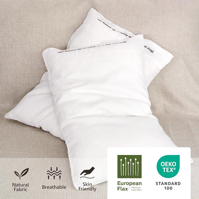 Linen Pillow Cases with Embroidery Design,20"x40" King Size Set of 2,100% French Flax Soft Handmade Linen Pillowcases,White Embroidery
