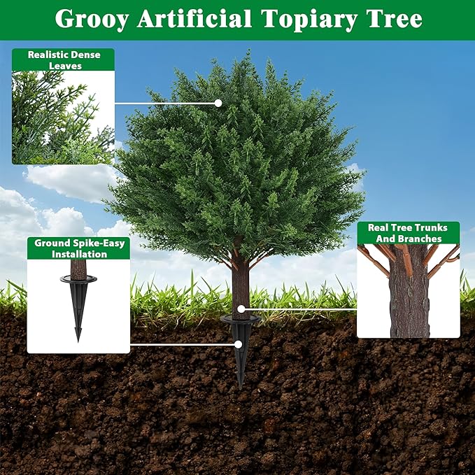 Grooy Artificial Cypress Topiary Tree with Ground Spike, Set of 2 Artificial Shrub Bushes, Fake Evergreen Tree for Porch, Artificial Plants for Outdoor Planters Indoor UV Resistant