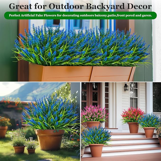 Nigirior Artificial Flowers for Outdoor Plants 24 Bundles Fake Lavender Plastic Faux Monkey Grass for Verandah Window Garden Office Patio Front Porch UV Resistant for Planter(Blue)
