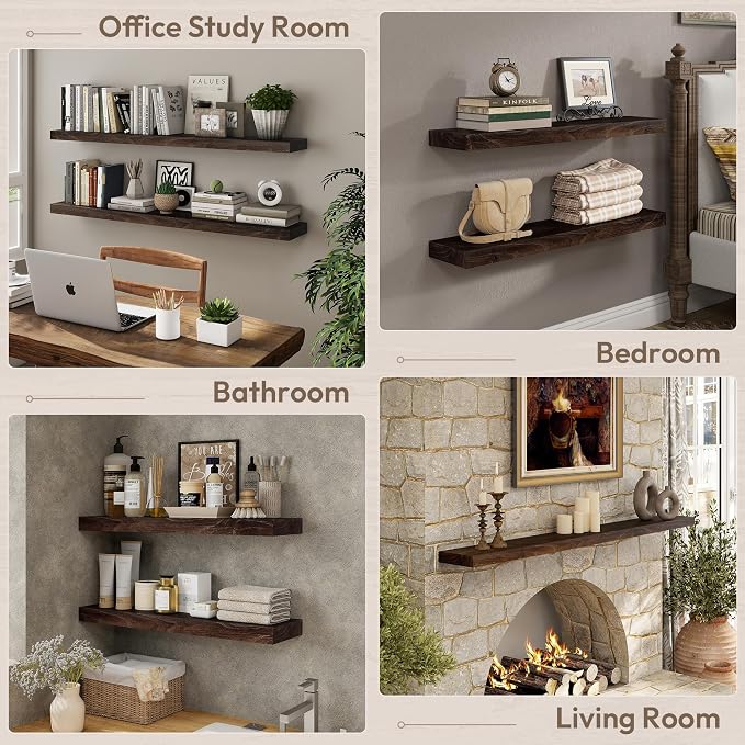 Marsmiles 16 inch Floating Shelves for Wall Solid Elm Wood Shelves|Rustic Wall Shelves with Heavy-Duty Invisible Bracket for Bathroom Living Room Kitchen|Walnut, 2 Pack