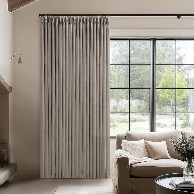 Pinch Pleated Linen 96 Inch Curtains 100 Inch Width for Living Room Divider Light Filtering Thick Taupe Linen Extra Wide Patio Curtains for Sliding Door Balcony Floor to Ceiling Window 1 Panel