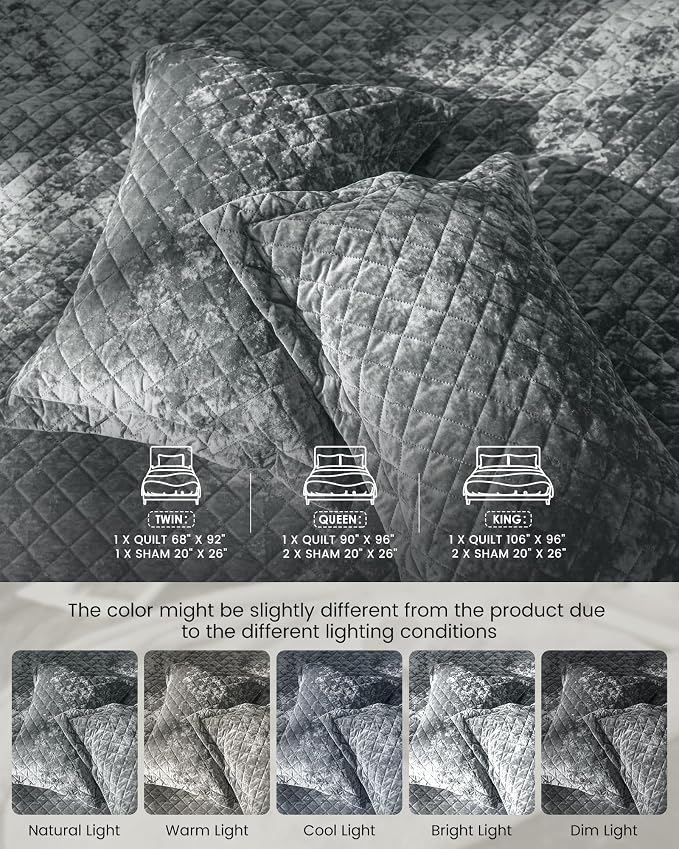 Luxury Velvet Queen Quilt Set- Ultra Soft Lightweight Velvet Comforter Set- Oversized Bedspread Coverlet with 2 Shams Diamond Pattern- for All Season (Dark Grey)