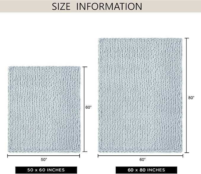 Chunky Knit Throw Blanket 50x60, 100% Handmade Chenille Yarn | 4.4lbs Soft Thick Cable Knitted Blankets, Large Rope Knot Crochet Throws for Couch Sofa Bed Machine Washable, Light Blue