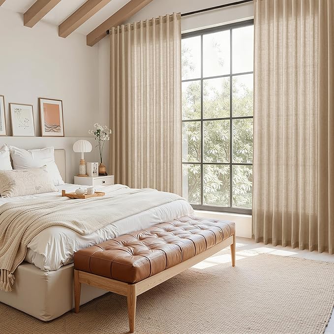 Sand Beige Linen Curtains 80 Inch Length for Living Room Simple Modern Light Filtering Semi Sheer Curtain Back Tab Rustic Farmhouse Luxury Home Decor Drapes for Bedroom Dinner Room 52x80, 2 Panels