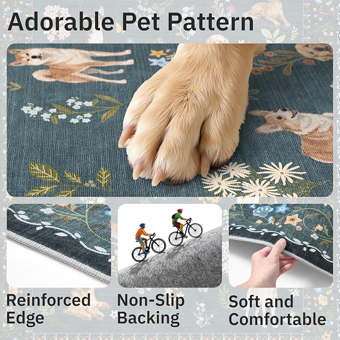 Soalmost Dog 6x9 Area Rugs for Living Room, Machine Washable Animal Floral Vintage Rug Non-Slip Low Pile Soft Throw Rugs for Bedroom Dining Room Kitchen Nursery Playroom (6 x 9,Navy Blue)
