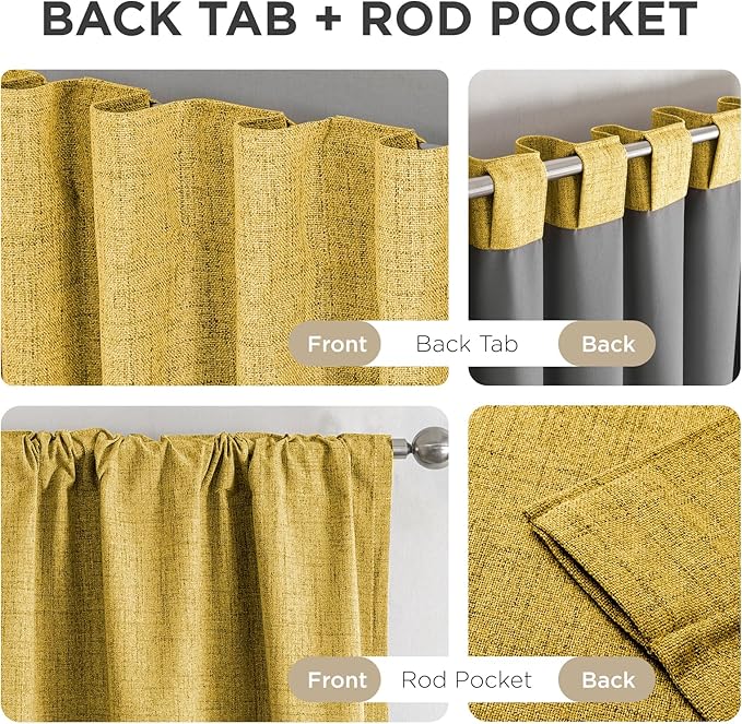 Joydeco Linen Blackout Curtains for Bedroom - 100% Light Blocking 1 Panels, Yellow Drapes 70" W x 108" L, Thermal Insulated Room Darkening Curtains for Living Room, Rod Pocket & Back Tabs