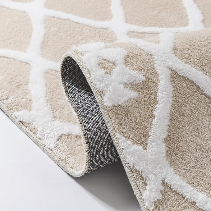 PureCozy 4x6 Area Rug for Living Room Beige Ivory Washable Bedroom Rug Non Slip Soft Modern Moroccan Neutral Shag Checkered Carpet Boho Dining Room Office Playroom Nursery