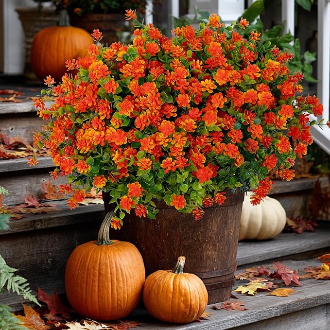 AXYLEX Artificial Fall Flowers Outdoor Fake Mums - 12 Bundles Fake Plants UV Resistant No Fade Faux Plastic Greenery Garden Porch Patio Fall Home Decor (Red Orange)