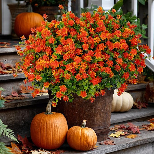 AXYLEX Artificial Fall Flowers Outdoor Fake Mums - 12 Bundles Fake Plants UV Resistant No Fade Faux Plastic Greenery Garden Porch Patio Fall Home Decor (Red Orange)