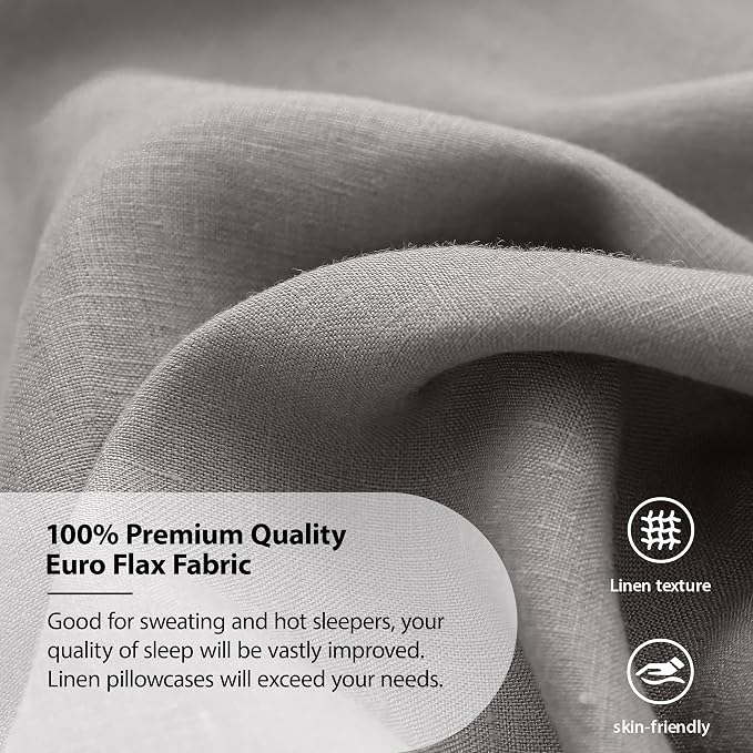 Simple&Opulence 100% Linen Pillowcases Basic Style Solid Color Set of 2, King Size Stone Washed Flax Pillow Cover Envelope Closure (20''x40'', Ultimate Grey)