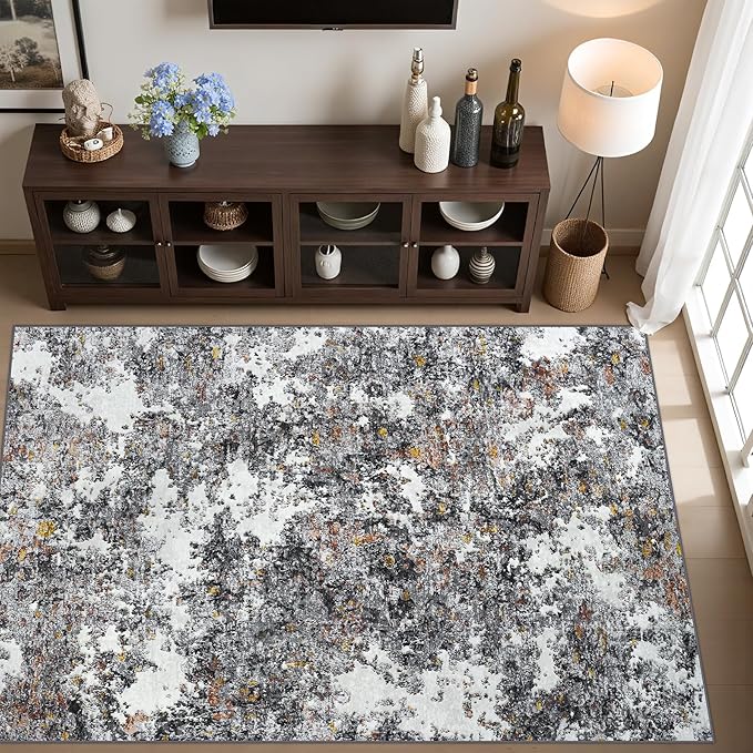 Washable Rug 6x9 Area Rugs: Soft Large Living Room Rug with Anti-Slip Backing Non-Shedding Stain-Resistant Modern Abstract Carpet for Bedroom Dining Room Nursery Home Office-Gray/Multi