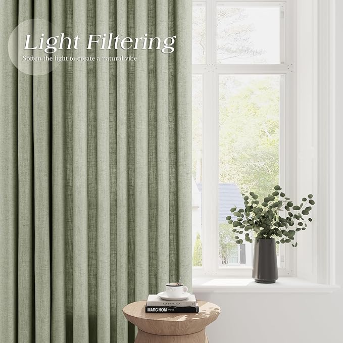 Sage Green Linen Curtains 84 Inch Length for Living Room 2 Panels Set Soft Thick Textured Grommet Design Semi Sheer Light Filtering Window Curtain Drapes Burlap Look Rustic Farmhouse Home Decor 52x84