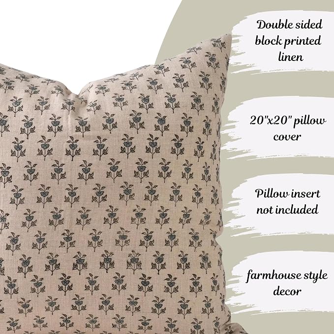 Linen Throw Pillow Covers 20x20 inch Soft sage and Blue Decorative Pillow Covers for Living Room, Bedroom