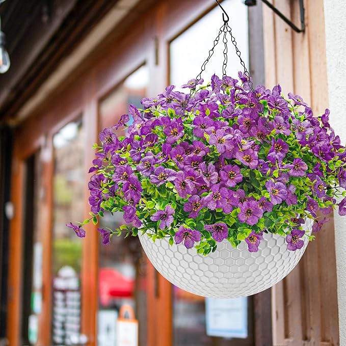 Der Rose Artificial Hanging Flowers Basket for Faux Plants Outdoor Spring Summer Decoration UV Resistant Fake Flowers for Patio Balcony Farmhouse Decor(Purple)