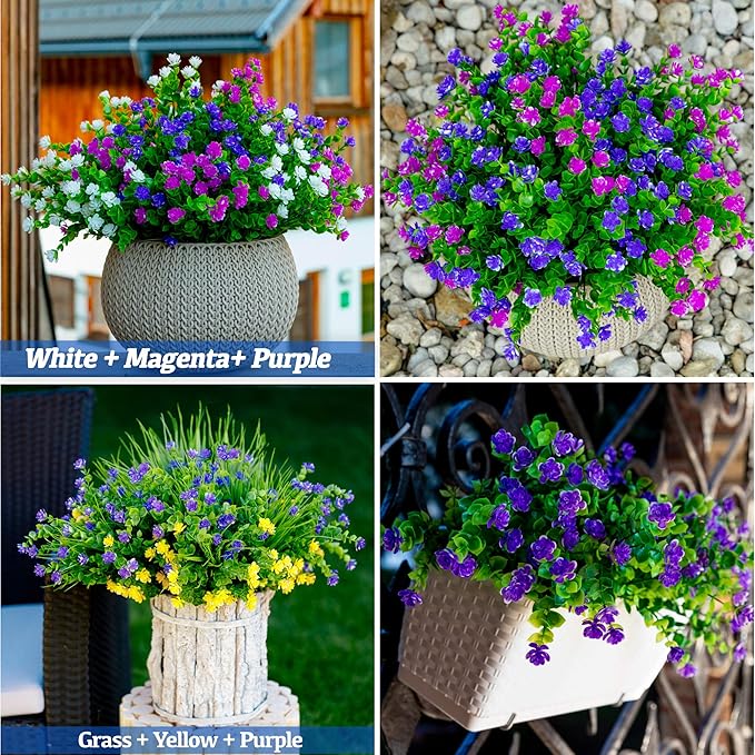 AXYLEX Artificial Flowers for Outdoors Fake Plants - 12 Bundles Faux Outside Greenery Boxwood No Fade Plastic Shrubs Fall Decor Farmhouse Home Garden (Purple)