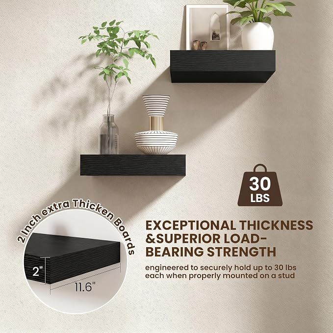 FLYJOE 12 Inch Floating Shelves, Black Square Floating Shelves Set of 2, 12''W x 12''D Wood Shelves for Wall, Deep Shelves for Bathroom Living Room, Engineered Wood, Mounting Hardware Included