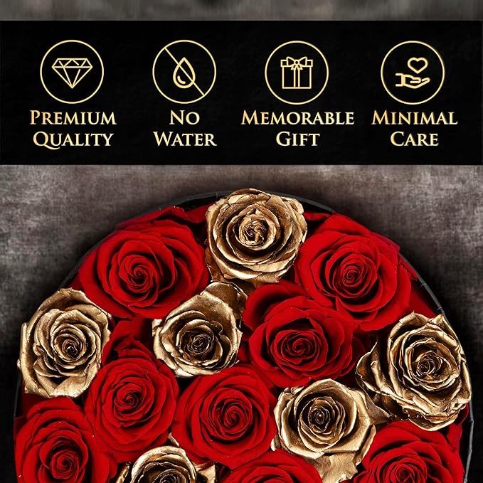 17 Forever Roses in a Box - Luxury Red & Gold Roses, Gold Roses, Preserved Roses Gifts for Women, Forever Flowers Gifts for Wife, Roses for Delivery Prime (Gold Box)