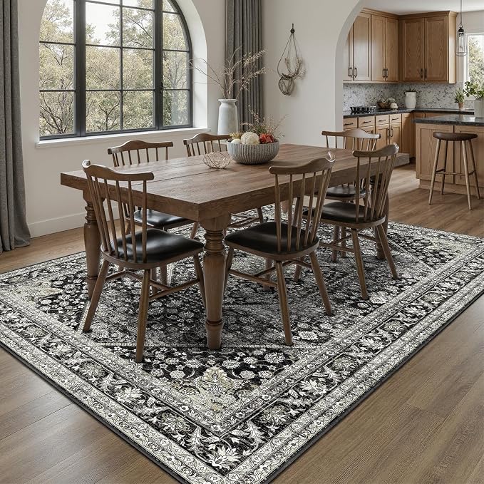 DCX Machine Washable Black Area Rug 4x6, Non Slip Stain Resistant Vintage Floral Rug for Living Room Bedroom Dining Room, Soft Low Pile Large Carpet