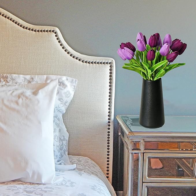 Mandy's Shades of Purple Artificial Tulips Flowers Centerpiece, 13.5" Lifelike PU Fake Floral Stems 20pcs for Kitchen Island & Dining Table, Spring Decor for Easter