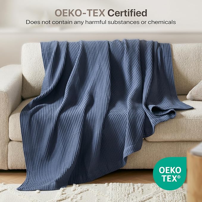 Madison Park 100% Cotton Blanket, Trendy Woven Waffle Weave Design, All Season, Lightweight, Breathable, Soft and Cozy Casual Summer Cover, for Bed, Couch and Sofa, Full/Queen(90 in x 90 in), Indigo