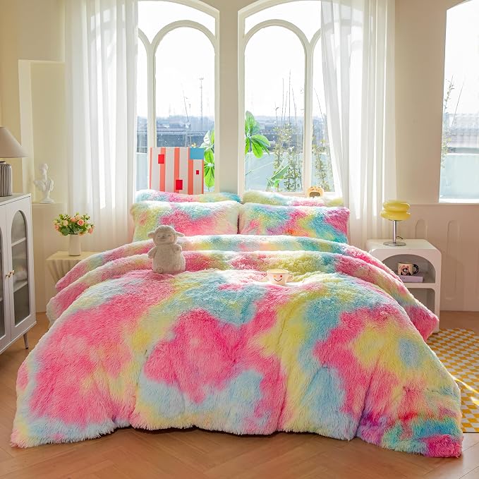chovy Faux Fur Plush Tie-Dyed Colorful Pink Comforter Sets Full/Queen - Ultra Soft Shaggy Flannel Velvet Fluffy Fuzzy 3PC Bedding Set （Comforter x 1 Pillowcases x 2）