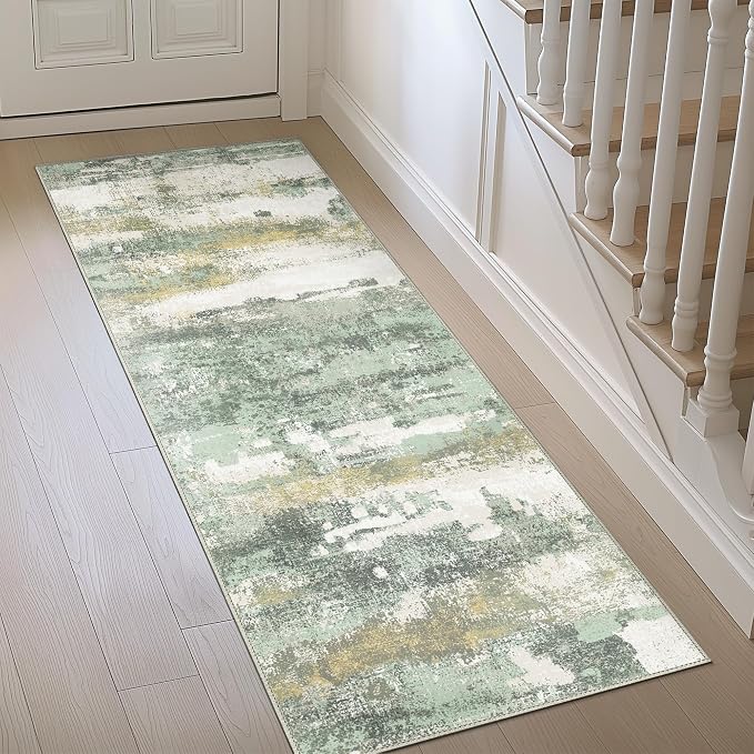 BEIMO Runner Rug for Hallway Kitchen, 2'6"x6' Machine Washable Runners Rug for Entryway, Soft Modern Abstract Throw Rugs, Low Pile Floor Cover with Non Slip Backing, Light Green