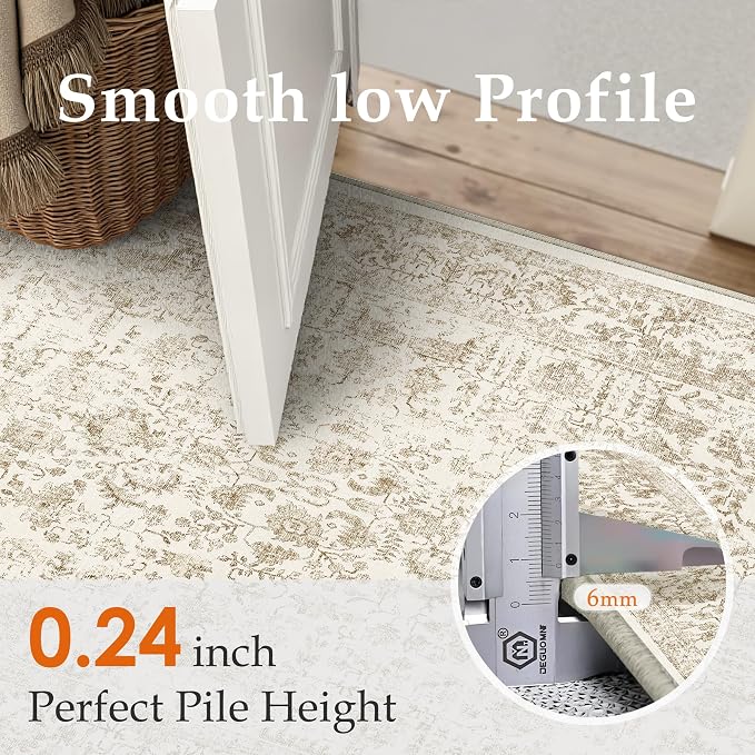 PureCozy Light Brown Area Rug 10x14 Machine Washable Large Vintage Living Room Distressed Non Slip Carpet Traditional Indoor Bedroom Retro Floral Accent Throw Rug for Office Kitchen Dining Room