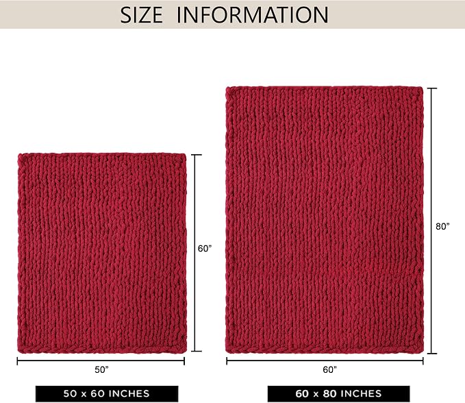 Chunky Knit Throw Blanket 50x60, 100% Handmade Chenille Yarn | 4.4lbs Soft Thick Cable Knitted Blankets, Large Rope Knot Crochet Throws for Couch Sofa Bed Christmas Fall Decor, Red