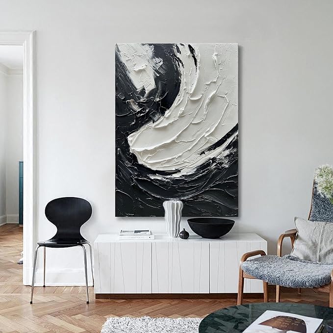 NANKAI Art Minimalist Style Black and White Abstract Oil Painting. Pure Hand-Drawn Wall Art Piece. 40x28 inches. Modern Oil Painting Decorative Art Works for Interior Wall Decoration