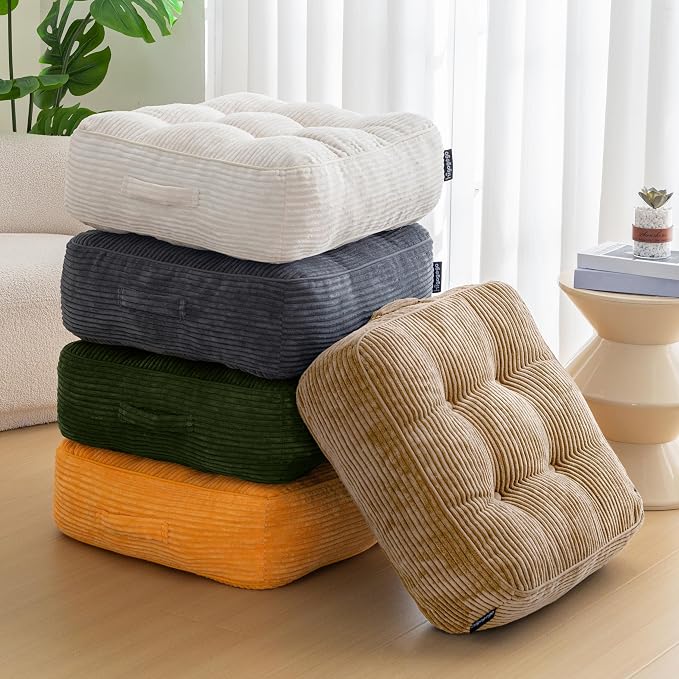 HIGOGOGO 8" Extra Thick Floor Pillow Cushion for Adults, Meditation Cushion Pillow, Large Square Floor Sitting, Tufted Corduroy Cover, for Tatami Living Room or Yoga, 22x22 Inch, 2Pack, Coffee