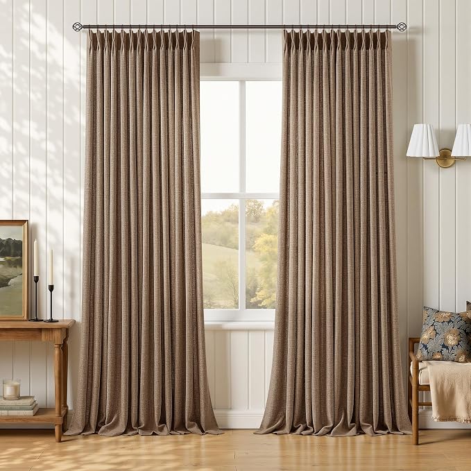 Pinch Pleated Rust Brown Curtains 102 Inch 2 Panels Set Light Filtering Privacy Pinch Pleat Thick Linen Drapes with Back Tab Hooks Rings 102 Inches Memory Shaped Vintage Country Floor Length Curtains