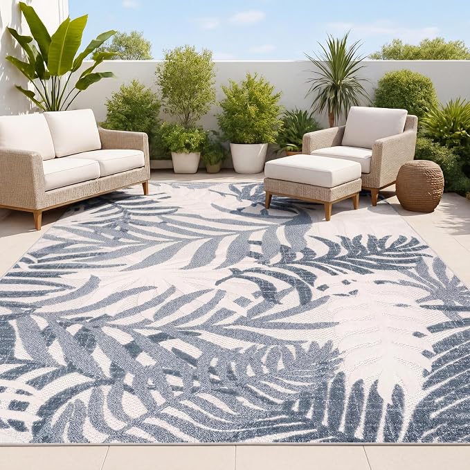 JONATHAN Y Tropics Palm Leaves Indoor Outdoor Area Rug 8X10 Cream/Dark Blue