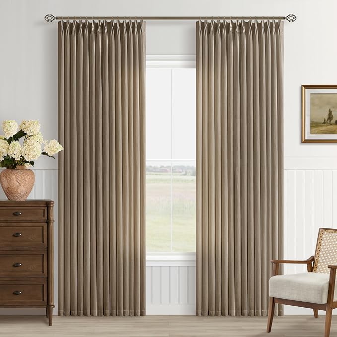 Brown Pinch Pleated Linen Curtains 80 Inches Long for Living Room Semi Sheer Light Filtering Custom Made Pinch Pleat Drape with Hooks Rings Back Tab Neutral Boho Dutch Cocoa 80 Inch Bedroom Curtain