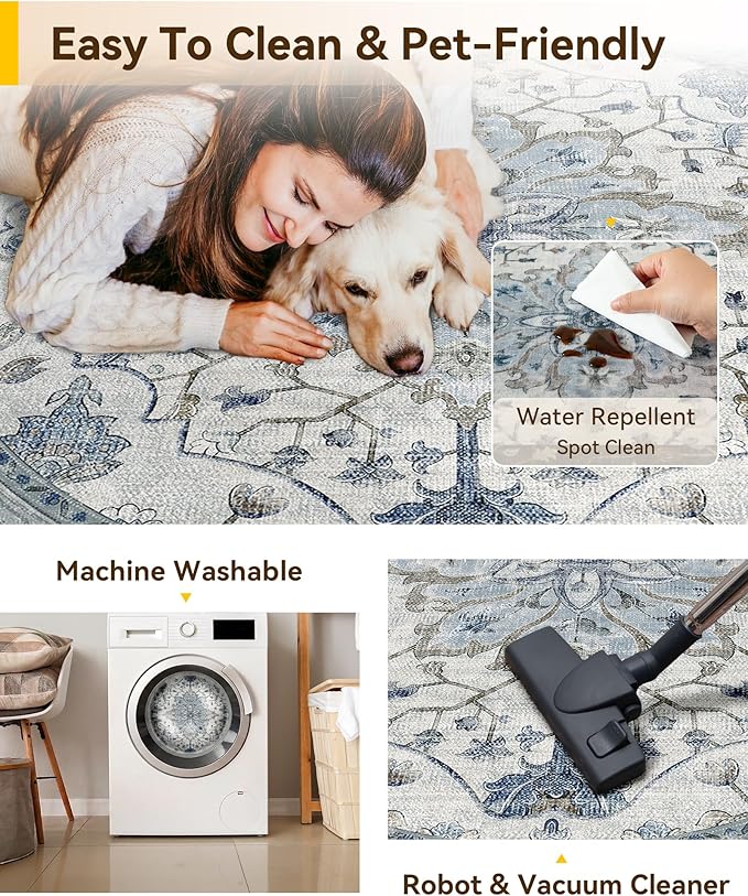 RELEANY Area Rugs 8ft Washable Non-Slip, Floral Vintage Distress Print Pattern Medallion Carpet for Living Room Bedroom Dining Room, Light Blue Navy Beige Gray White