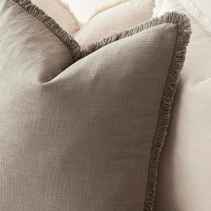 Foindtower Set of 2 Decorative Linen Fringe Throw Pillow Covers Boho Farmhouse Cushion Cover with Tassels Accent Pillowcase for Couch Chair Sofa Bed Living Room Home Decor,16×16 Inch,Dune