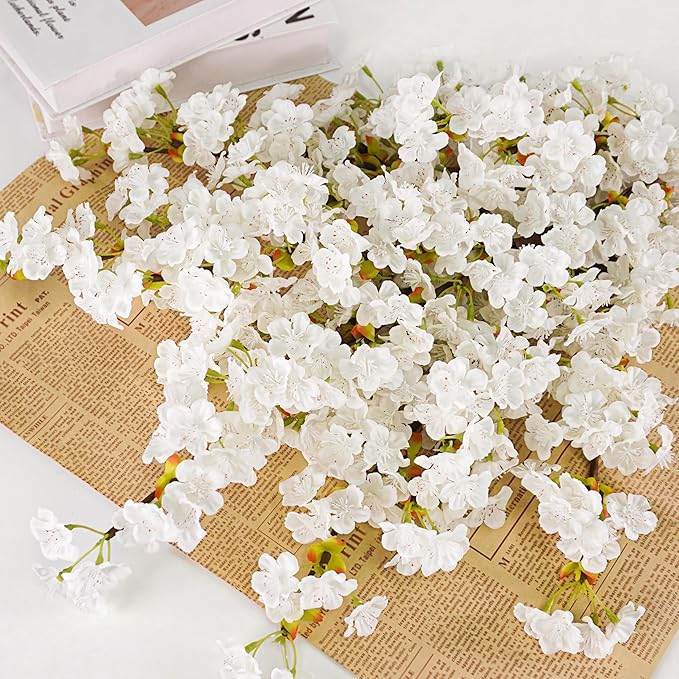 Uieke Silk Cherry Blossom Branches, 39.3in Artificial Cherry Blossom Tree Stems, Fake Plum Blossom Flowers Arrangement for Wedding Home Japanese Decor, Set of 3, White