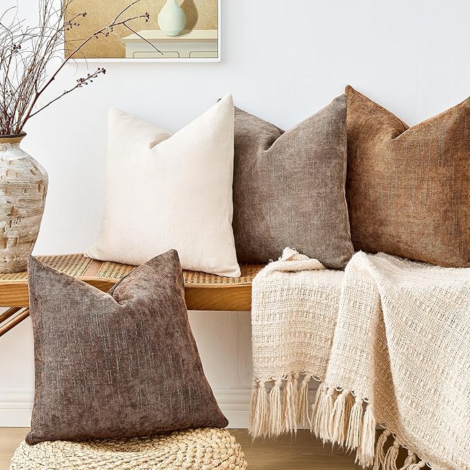 Pack of 4 Throw Pillow Covers 22x22 Inch Chenille Textured Neutral Brown Soft Pillow Covers Solid Decorative Farmhouse Cushion Covers Home Boho Western Decor for Couch Sofa Bed Living Room