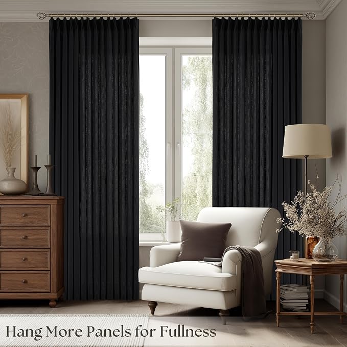 Black Pinch Pleated Semi Sheer Linen Curtains 96 Inch Long for Living Room | Light-Filtering Privacy, Dining Room Bedroom Office, Faux Textured, Memory Shape Hook Rings, Luxury, Room Divider, Drapes