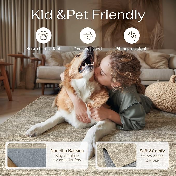 HUGEAR Area Rugs 9x12 Beige Washable Rug for Living Room Bedroom Large Neutral Vintage Rug Carpet Distressed Soft Durable Non Slip No Shedding for Indoor Dining Nursery Farmhouse