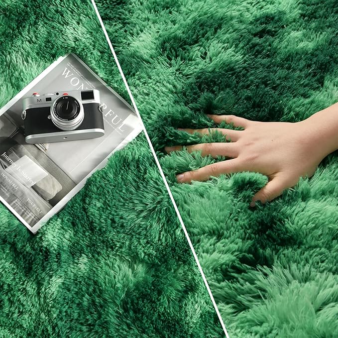 Deerhoo Shag Area Rug, 4 X 6 Tie-Dyed Plush Fuzzy Rugs for Living Room, Ultra Soft Fluffy Furry Rug for Bedroom, Indoor Carpet Nursery Rugs for Kids Room Home Decor, Tie-Dyed Emerald Green