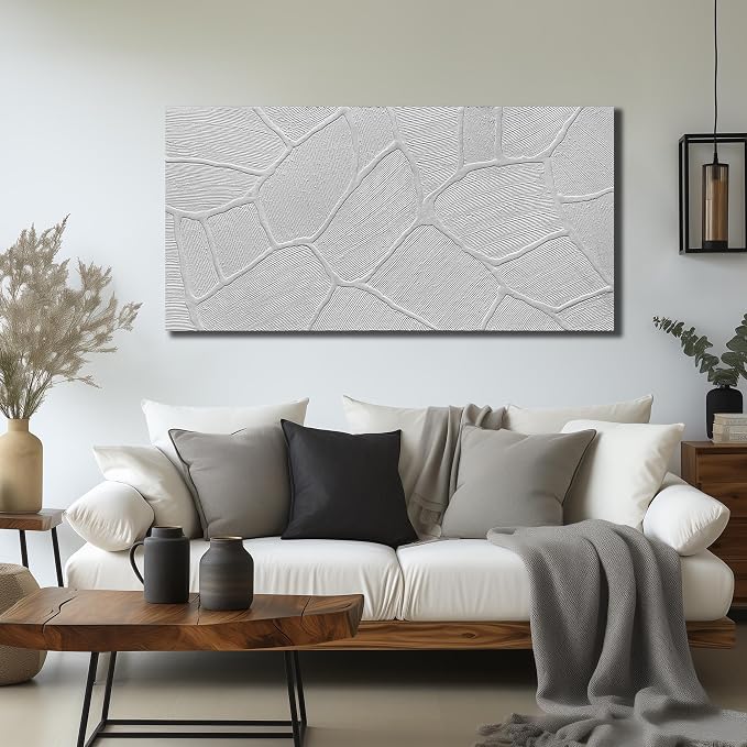 DNIEOTU Abstract Textured Canvas Wall Art for Living Room, White Wall-Decor for Bedroom, Modern Minimalist Geometric Paintings for Hallway Office, Size 47 x 24 Inches Hand Painted