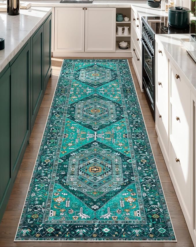 SERISSA Boho Washable Runner Rug, 2'6"x8' Rug Runner Non-Slip Vintage Teal Hallway Kitchen Runner Rug Ultra Soft Print Distressed Tribal Floor Carpet Runner for Bedroom Bathroom Laundry Room