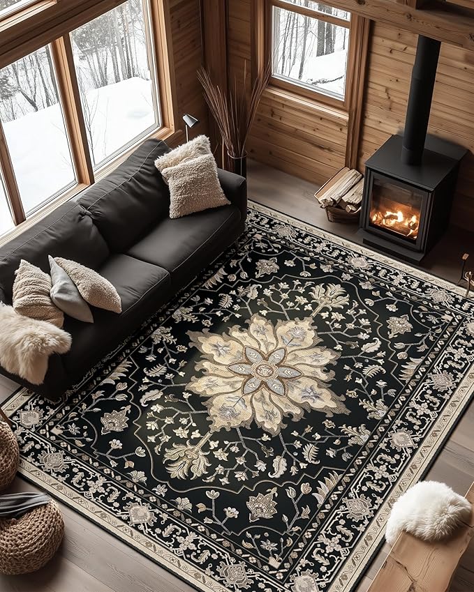 RELEANY Area Rugs 5'x7' Washable Non-Slip, Floral Vintage Distress Print Pattern Medallion Carpet for Living Room Bedroom Dining Room, Black Brown Neutral Dark Tan