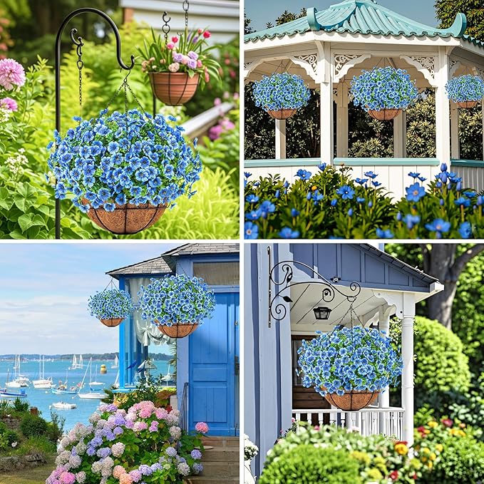 Ouddy Decor Artificial Hanging Flowers with Basket, Fake Hanging Plants with Faux Silk Flowers UV Resistant for Outdoors Indoors Spring Summer Porch Patio Balcony Yard Home Decorations, Blue
