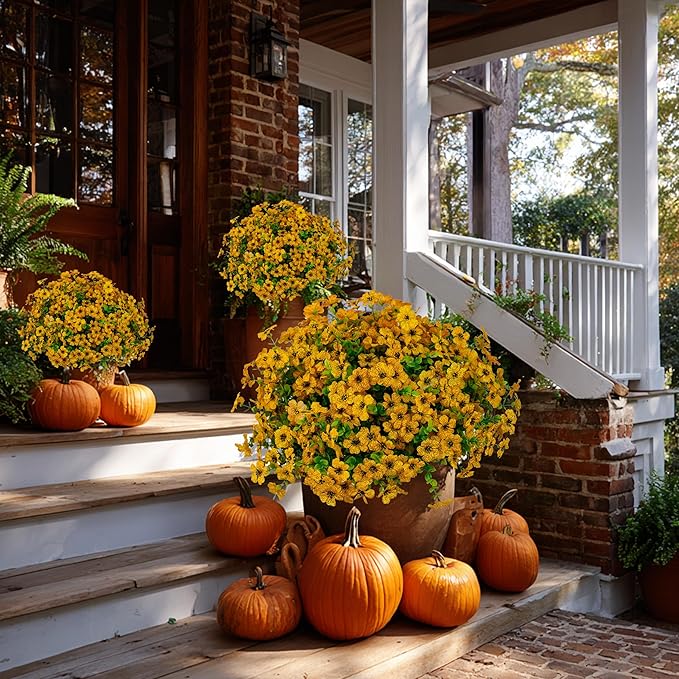 AXYLEX Artificial Fall Flowers for Outdoors Fake Mums - 16 Bundles Faux Plants Outside Greenery Boxwood No Fade Plastic Shrubs Decor Farmhouse Home Garden Thanksgiving (Yellow)
