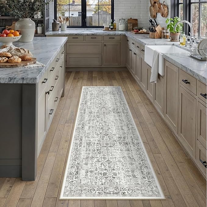 PureCozy Black Runner Rug 2x6 Hallway Machine Washable Kitchen Vintage Distressed Non Slip Long Carpet Indoor Retro Floral Bedroom Accent Throw Rug for Bathroom Office Laundry Dining Room