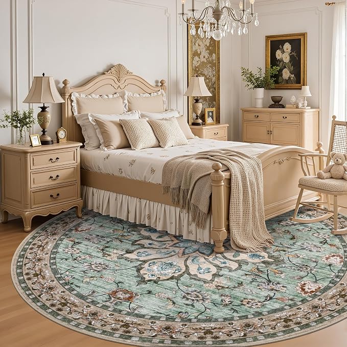 Round Area Rug for Living Room: 6ft Washable Vintage Boho Soft Thin Circle Rug Indoor Floor No Slip Stain Resistant Carpet for Bedroom Dining Room Farmhouse Nursery Home Office - Brown Green