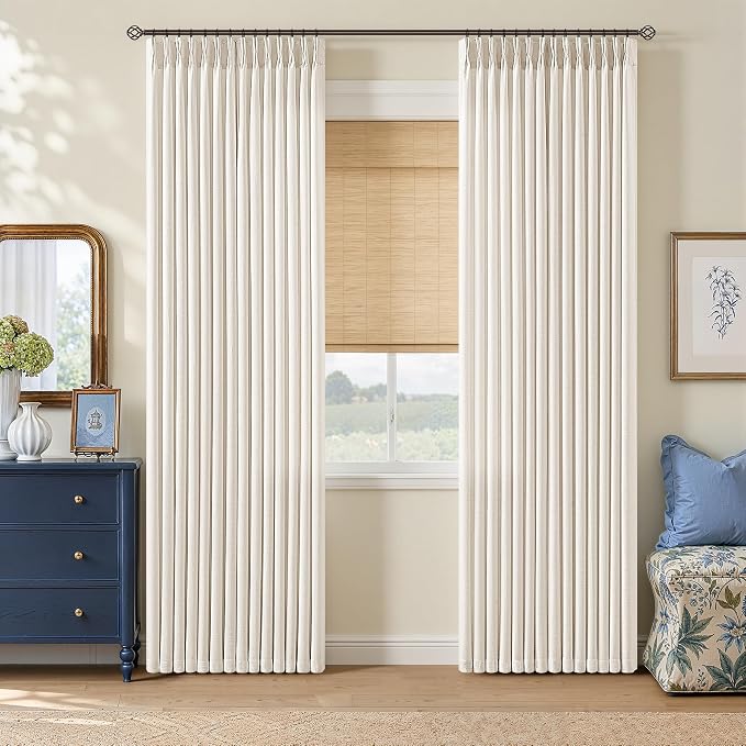 Natural Pleated Linen Curtains 80 Inches 2 Panels for Living Dining Room Beige White Cream Farmhouse Country Light Filtering Back Tab Curtains with Rings Pinch Pleat Burlap Window Drapes for Bedroom