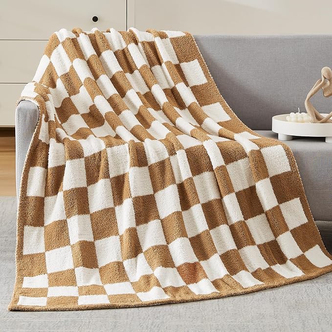 WRENSONGE Soft Twin Size Checkered Blanket for Bed-Cozy Knitted Blankets | Lightweight Fluffy Warm Decor for Women, Mom, Her & Girls, Sofa, Chair, Couch, 60x80in,Burnt Orange