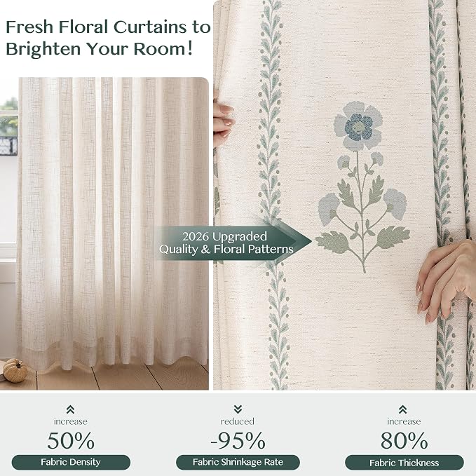 THREE GIRLS Luxury Light Filtering Floral Curtains: Pinch Pleated Long Curtains for Living Room Bedroom Dining Room - 108 Inches Linen Drapes Farmhouse Window Curtains with Hooks - 2 Panels Set